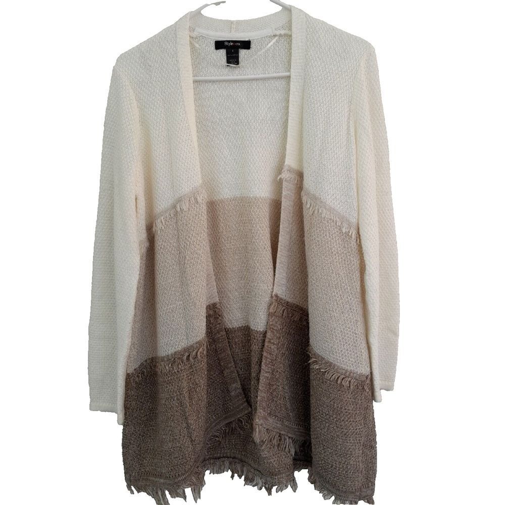 Style & Co Ombre Fringe Cardigan S Cream to Brown Knit Boho Sweater Wrap